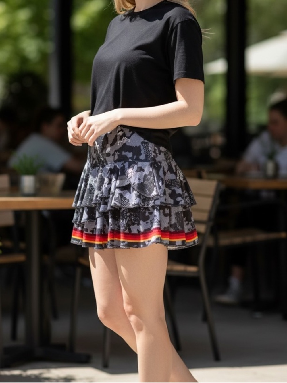 Lucky in Love Gray & Black Camo Tiered Skirt with Red Accent